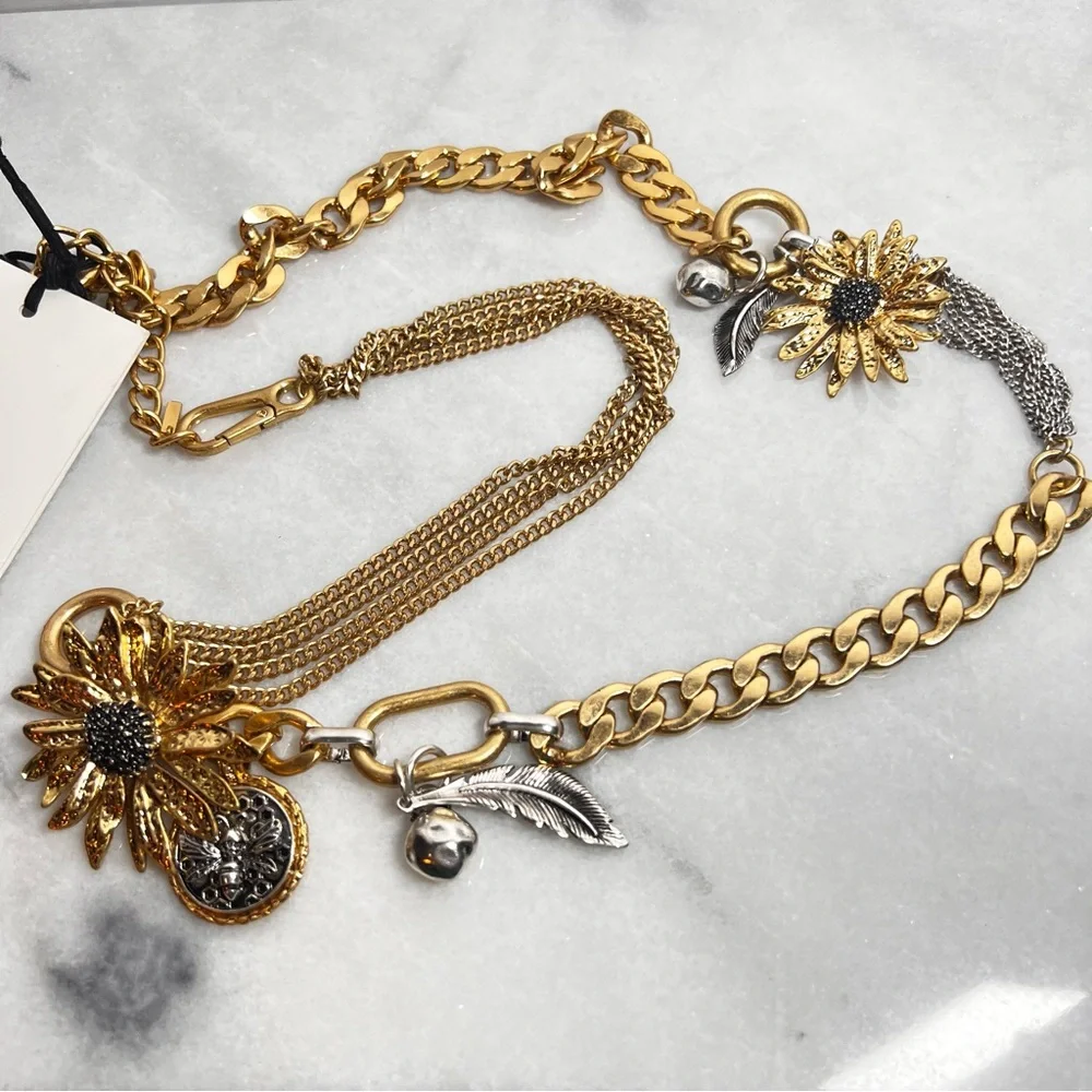 Zara NWT sz 34 Mixed Metals Flower Charm Belt - adjustable